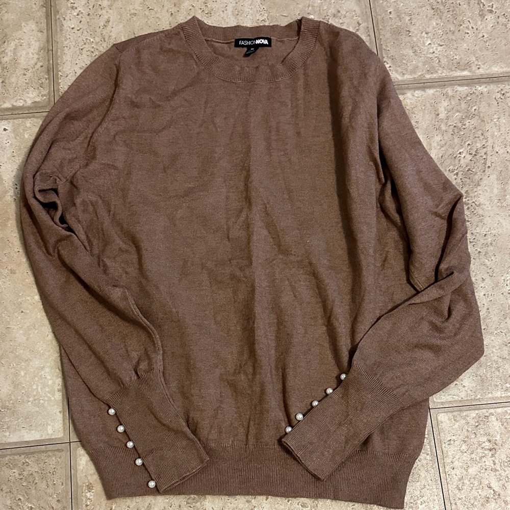 Fashion Nova women’s Tan Crewneck Sweater pearl sleeve embellishment